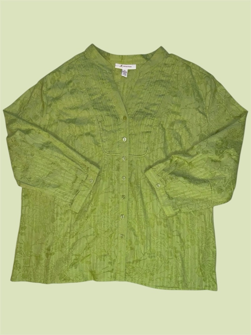 JM Collection Green Button Up V Neck Floral Patterned Blouse